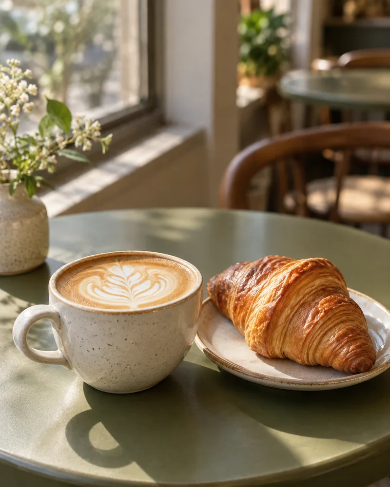 Illustrative flat white and croissant on an olive café table in morning light