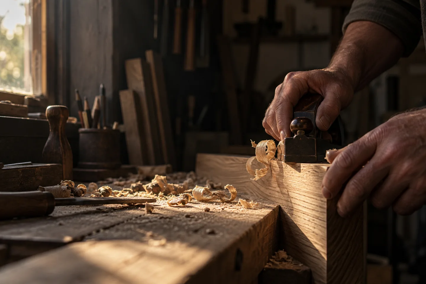 Generated editorial image of a craftsperson planing an oak edge in warm workshop light